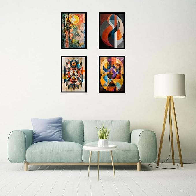 Framed Abstract Geometric Posters With Glass for Home and Office Decoration - Set of 4 | A4 Size | 230 GSM Glossy Paper (Set 5)
