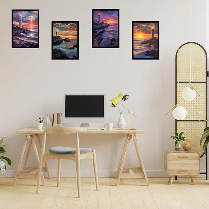 Framed Sunset Over the Ocean Posters With Glass for Home and Office Decoration - Set of 4 | A4 Size | 230 GSM Glossy Paper (Set 10)