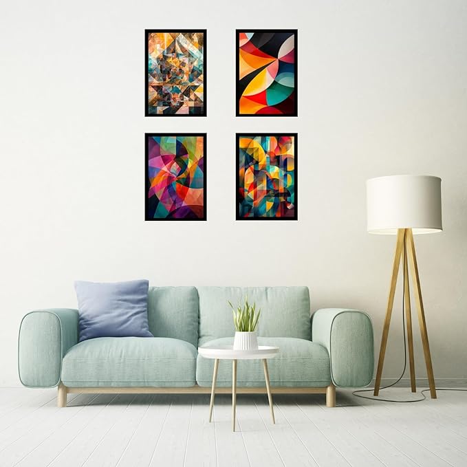 Framed Abstract Geometric Posters With Glass for Home and Office Decoration - Set of 4 | A4 Size | 230 GSM Glossy Paper (Set 9)