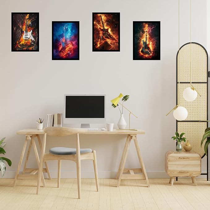Framed Music Instruments Posters With Glass for Home and Office Decoration - Set of 4 | A4 Size | 230 GSM Glossy Paper (Set 7)