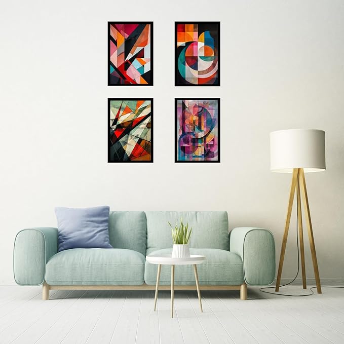Framed Abstract Geometric Posters With Glass for Home and Office Decoration - Set of 4 | A4 Size | 230 GSM Glossy Paper (Set 10)