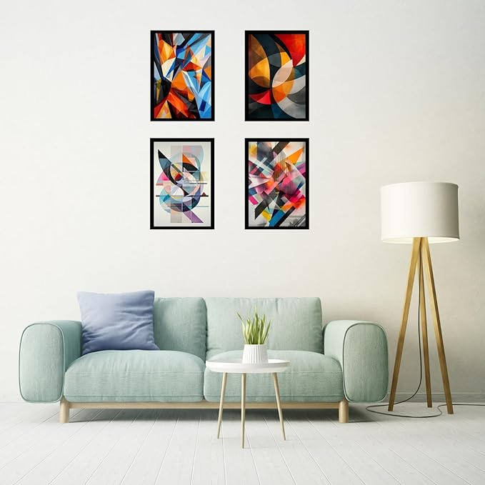 Framed Abstract Geometric Posters With Glass for Home and Office Decoration - Set of 4 | A4 Size | 230 GSM Glossy Paper (Set 1)