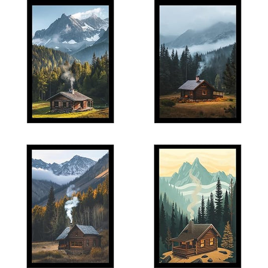 Framed Mountain Serenity Posters With Glass for Home and Office Decoration - Set of 4 | A4 Size | 230 GSM Glossy Paper (Set 9)