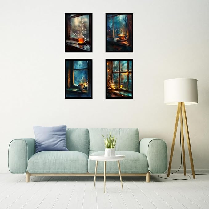 Framed Rain Posters With Glass for Home and Office Decoration - Set of 4 | A4 Size | 230 GSM Glossy Paper (Set 9)