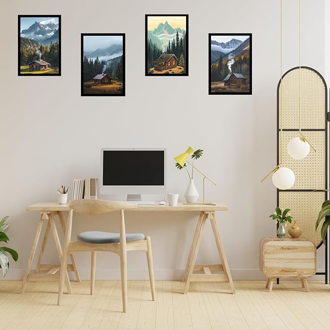 Framed Mountain Serenity Posters With Glass for Home and Office Decoration - Set of 4 | A4 Size | 230 GSM Glossy Paper (Set 9)