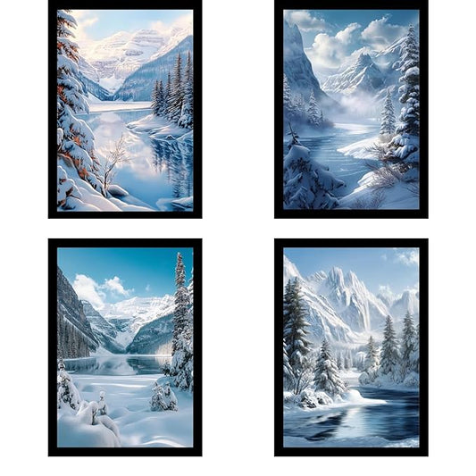 Framed Mountain Serenity Posters With Glass for Home and Office Decoration - Set of 4 | A4 Size | 230 GSM Glossy Paper (Set 4)