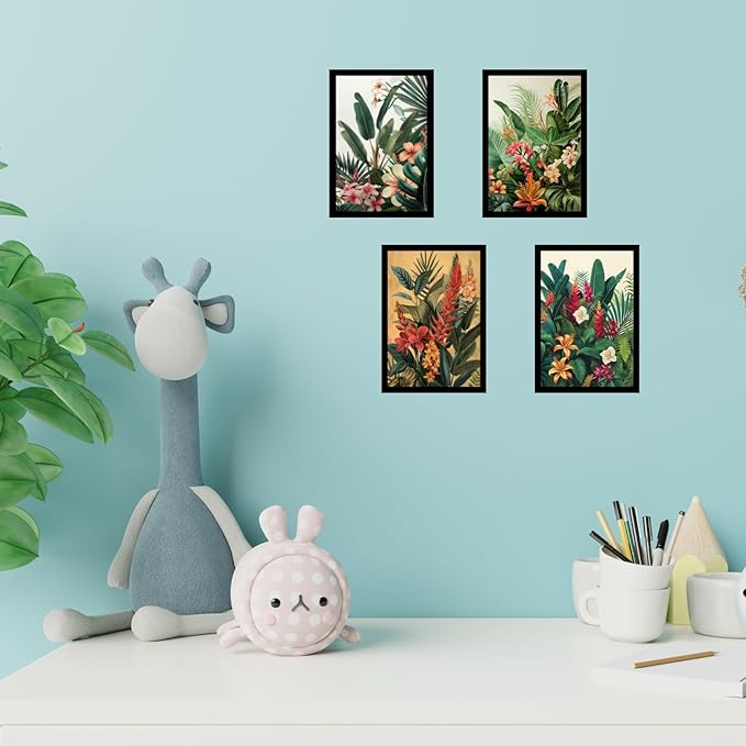 Framed Floral Posters With Glass for Home and Office Decoration - Set of 4 | A4 Size | 230 GSM Glossy Paper (Set 4)