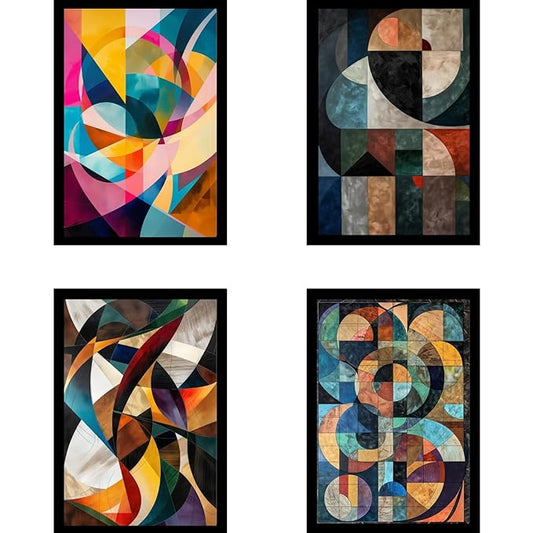 Framed Abstract Geometric Posters With Glass for Home and Office Decoration - Set of 4 | A4 Size | 230 GSM Glossy Paper (Set 3)