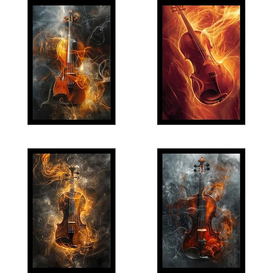 Framed Music Instruments Posters With Glass for Home and Office Decoration - Set of 4 | A4 Size | 230 GSM Glossy Paper (Set 5)