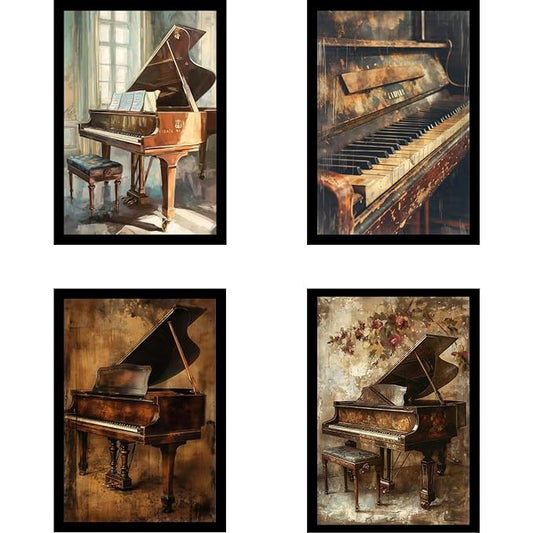 Framed Music Instruments Posters With Glass for Home and Office Decoration - Set of 4 | A4 Size | 230 GSM Glossy Paper (Set 4)