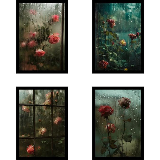 Framed Rain Posters With Glass for Home and Office Decoration - Set of 4 | A4 Size | 230 GSM Glossy Paper (Set 3)