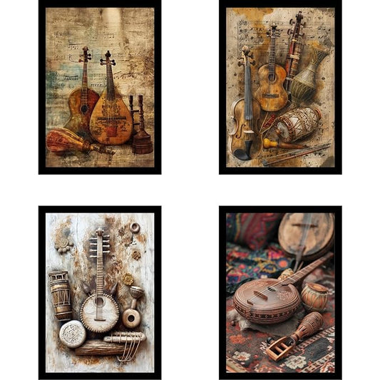 Framed Music Instruments Posters With Glass for Home and Office Decoration - Set of 4 | A4 Size | 230 GSM Glossy Paper (Set 3)
