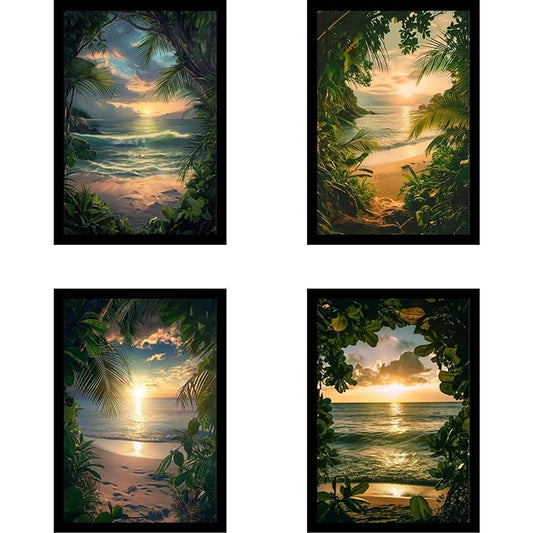 Framed Sunset Over the Ocean Posters With Glass for Home and Office Decoration - Set of 4 | A4 Size | 230 GSM Glossy Paper (Set 9)