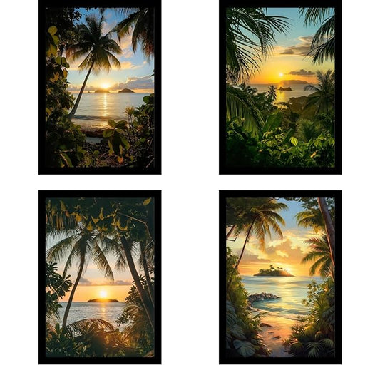 Framed Sunset Over the Ocean Posters With Glass for Home and Office Decoration - Set of 4 | A4 Size | 230 GSM Glossy Paper (Set 4)