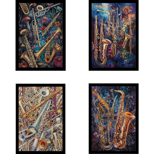 Framed Music Instruments Posters With Glass for Home and Office Decoration - Set of 4 | A4 Size | 230 GSM Glossy Paper (Set 2)