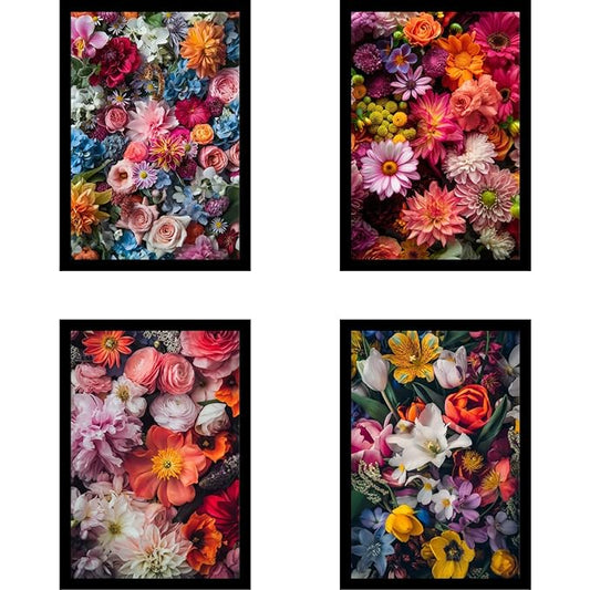 Framed Floral Posters With Glass for Home and Office Decoration - Set of 4 | A4 Size | 230 GSM Glossy Paper (Set 6)