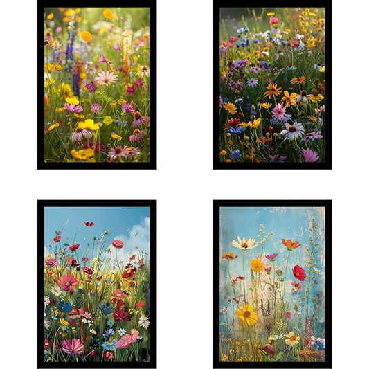 Framed Floral Posters With Glass for Home and Office Decoration - Set of 4 | A4 Size | 230 GSM Glossy Paper (Set 5)
