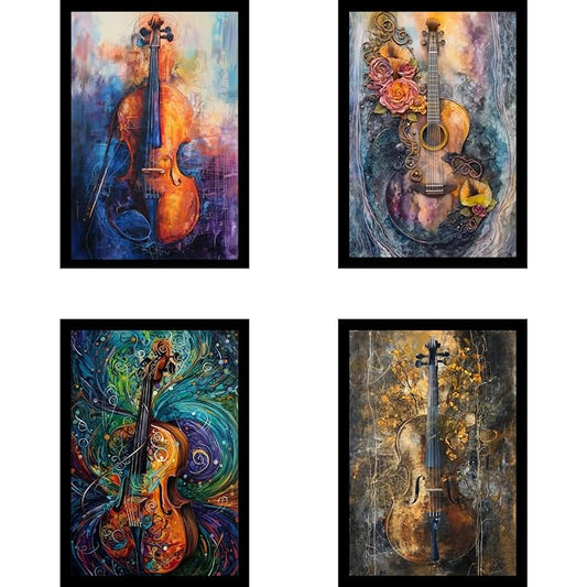 Framed Music Instruments Posters With Glass for Home and Office Decoration - Set of 4 | A4 Size | 230 GSM Glossy Paper (Set 1)