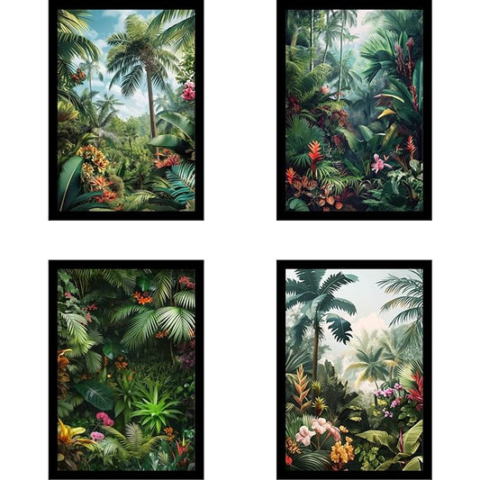 Framed Floral Posters With Glass for Home and Office Decoration - Set of 4 | A4 Size | 230 GSM Glossy Paper (Set 1)