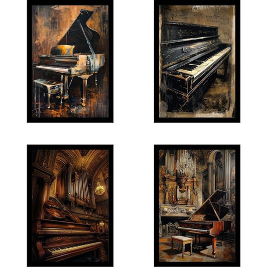 Framed Music Instruments Posters With Glass for Home and Office Decoration - Set of 4 | A4 Size | 230 GSM Glossy Paper (Set 9)