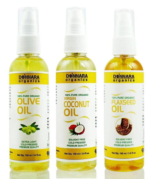 Donnara Organics Olive oil, Coconut Oil & Flaxseed Essential Oil (Pack of 3)